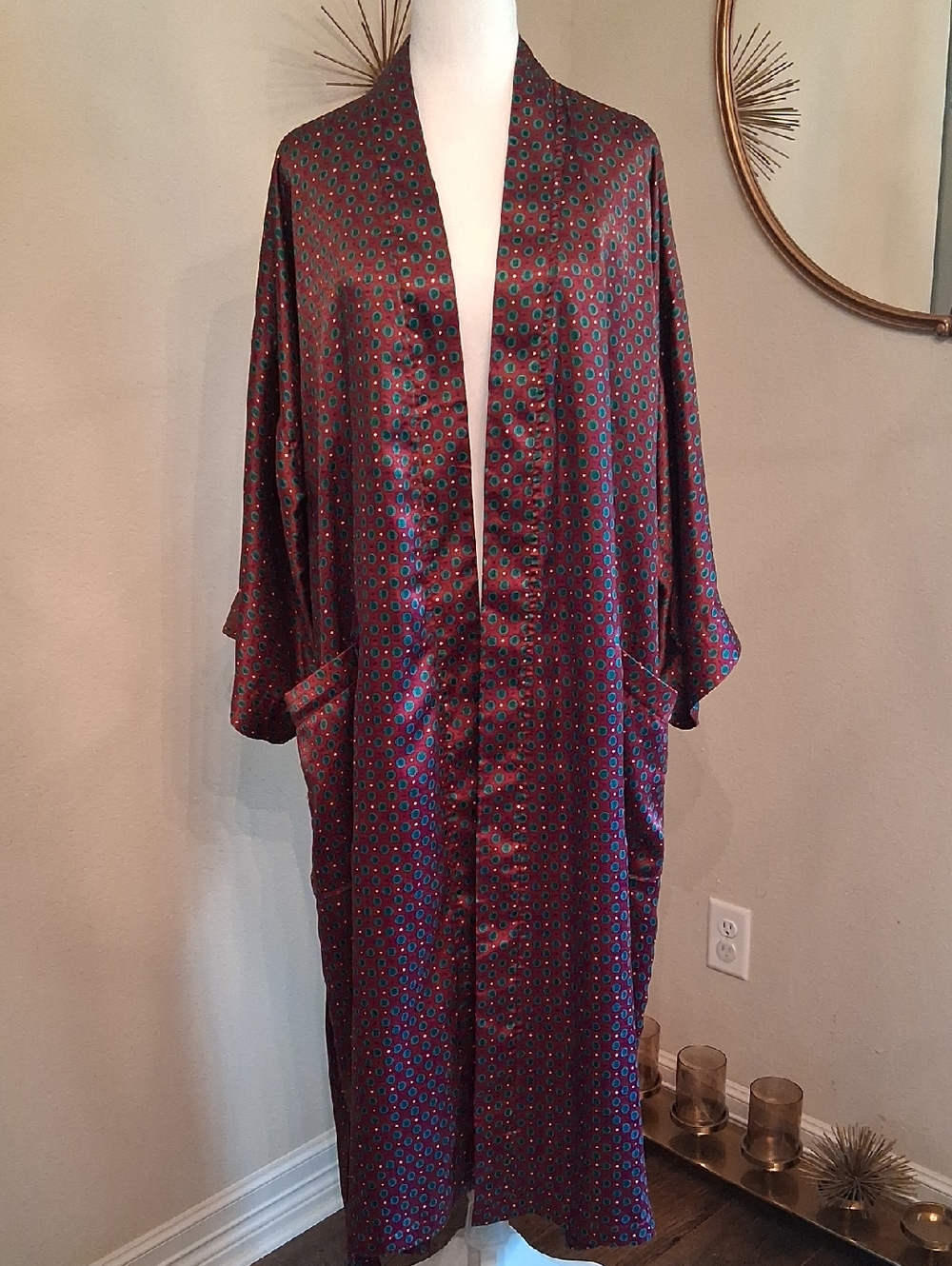 Dior Monsieur Maroon Teal Silk Robe with Geometric Motif